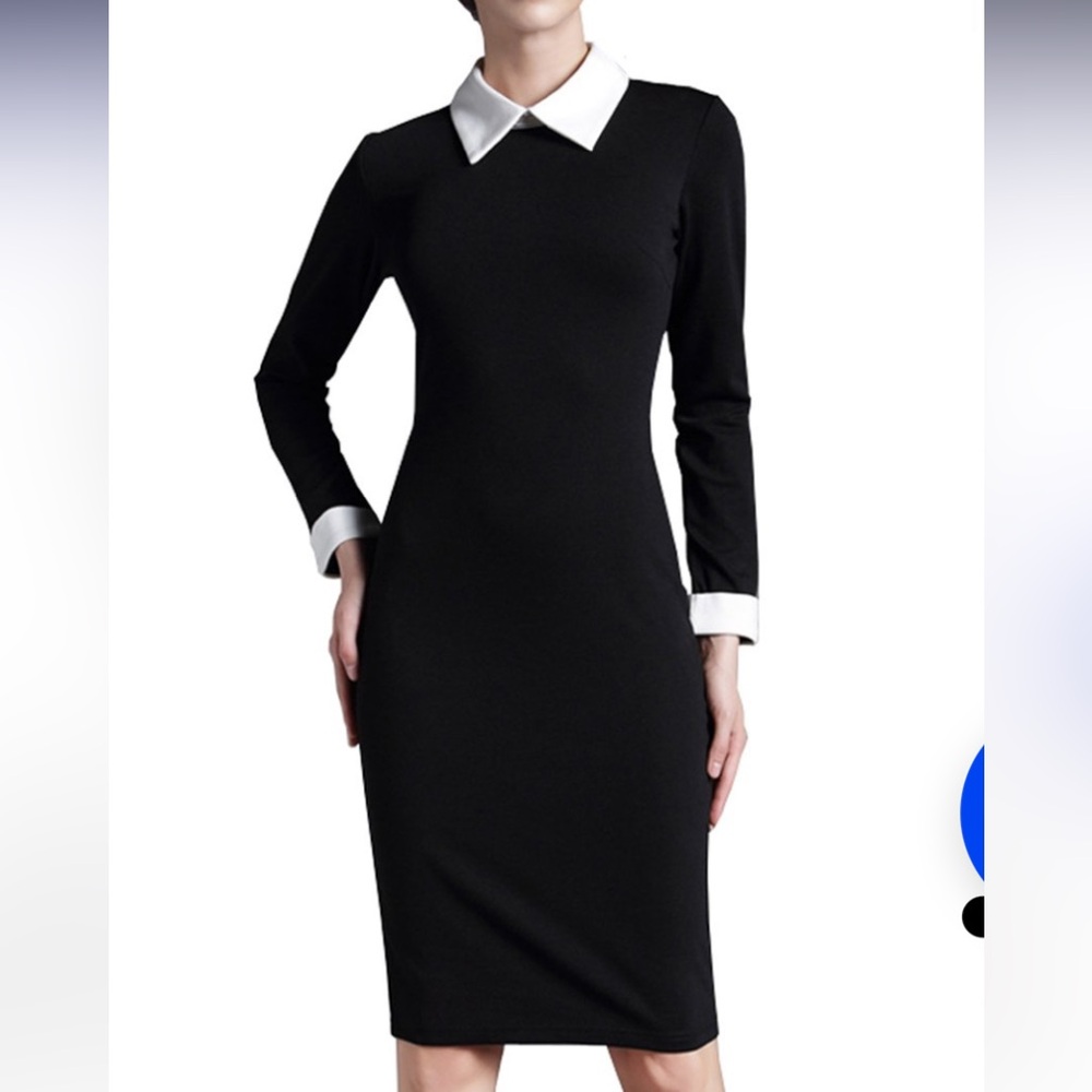 Elegant Black Long Sleeve Dress with turn down collar and white cuffs Wednesday - Picture 7 of 10
